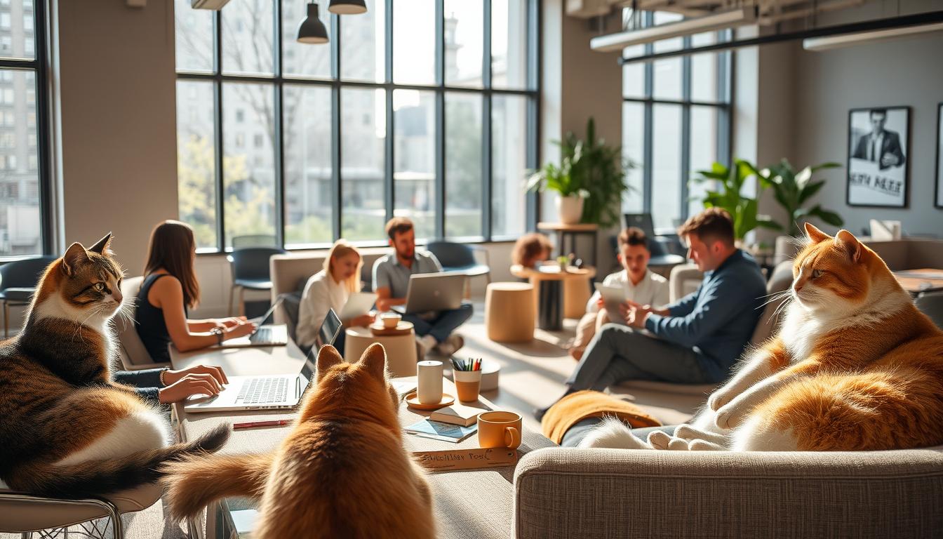 mačke v coworking pisarnah
