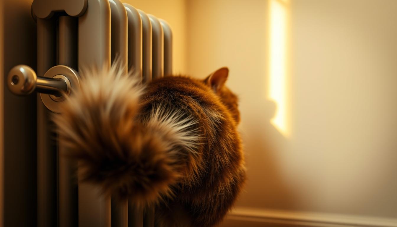 mačka se skrije za radiator