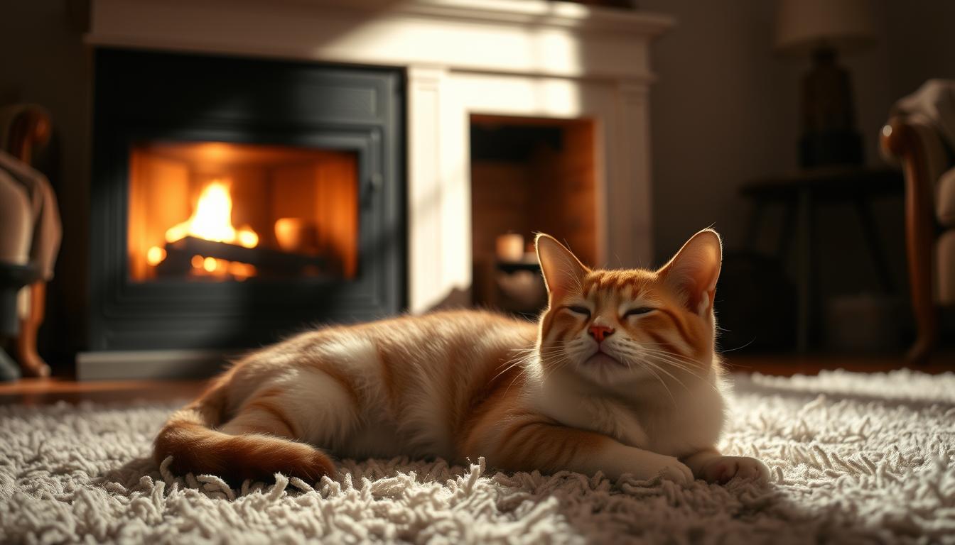 kamin in mačka jeseni