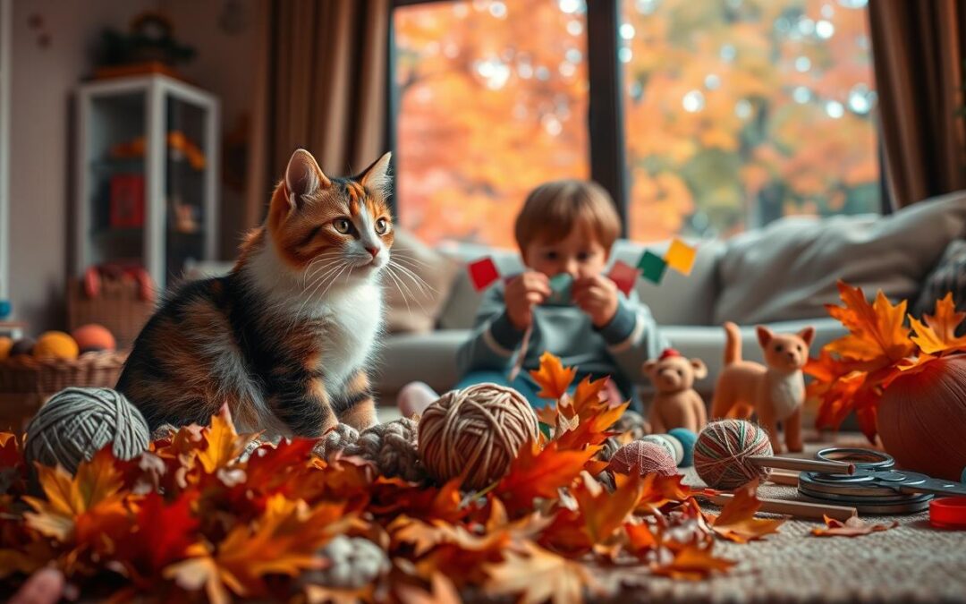 Jesenske ustvarjalne ideje z mačko in otroki