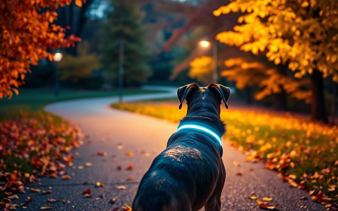 Popestri jesenske večerne sprehode psa s svetlečo ovratnico