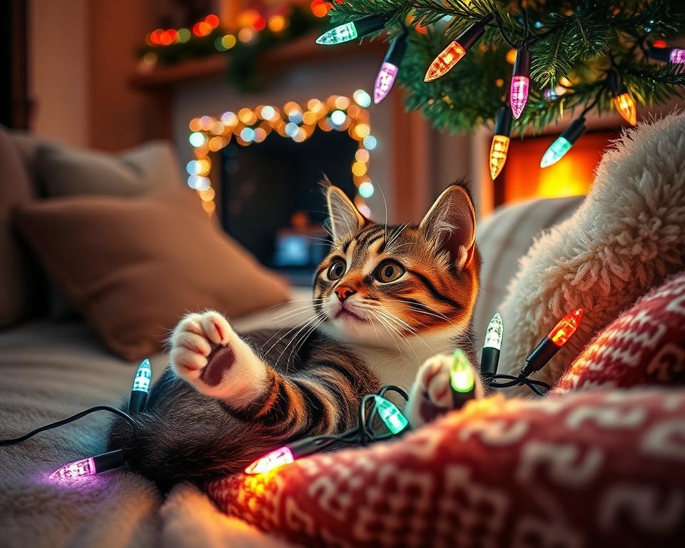 Bozicne-lucke-in-macka-pozimi Božične lučke in mačka pozimi