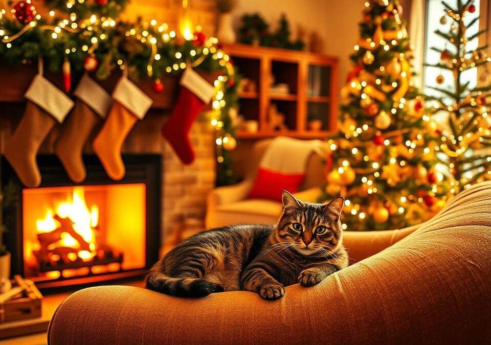 Družina z mačko za božič – na kaj moraš paziti, če imaš otroke?