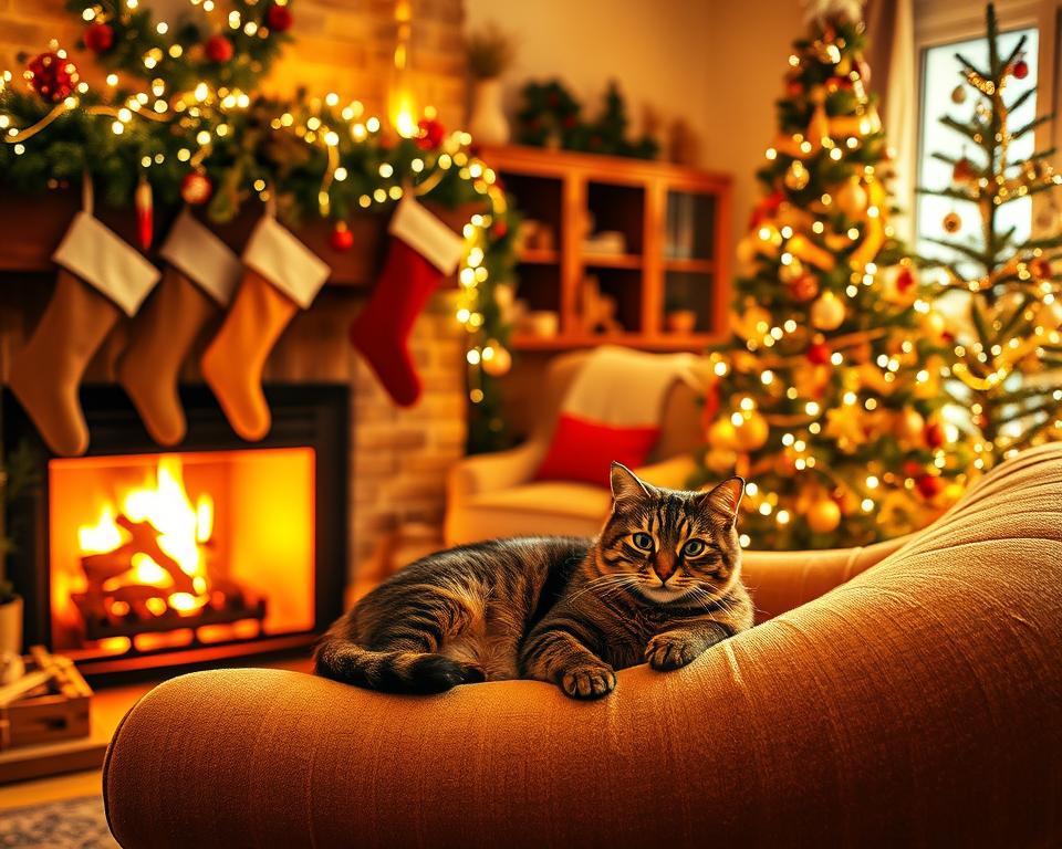 Družina z mačko za božič – na kaj moraš paziti, če imaš otroke?