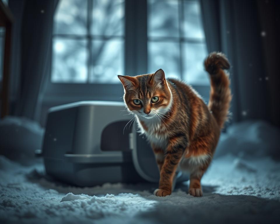 Mačka lula zunaj peska pozimi