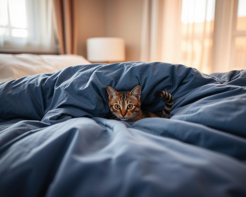 Macka-se-skriva-pod-odejo-pozimi Mačka se skriva pod odejo pozimi