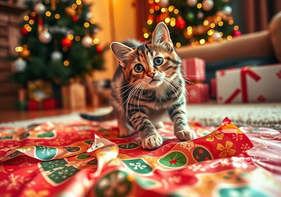 Mačka proti božičnemu ovojnemu papirju – kako se izogniti nesrečam