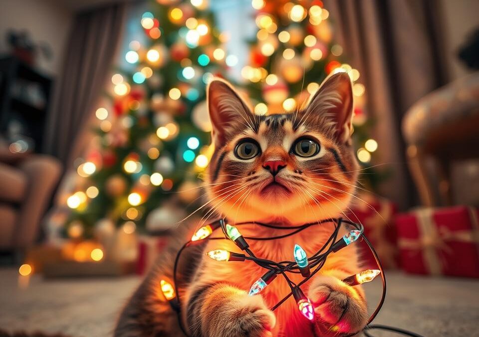 Mačka in božične lučke – dekoracija ali past?