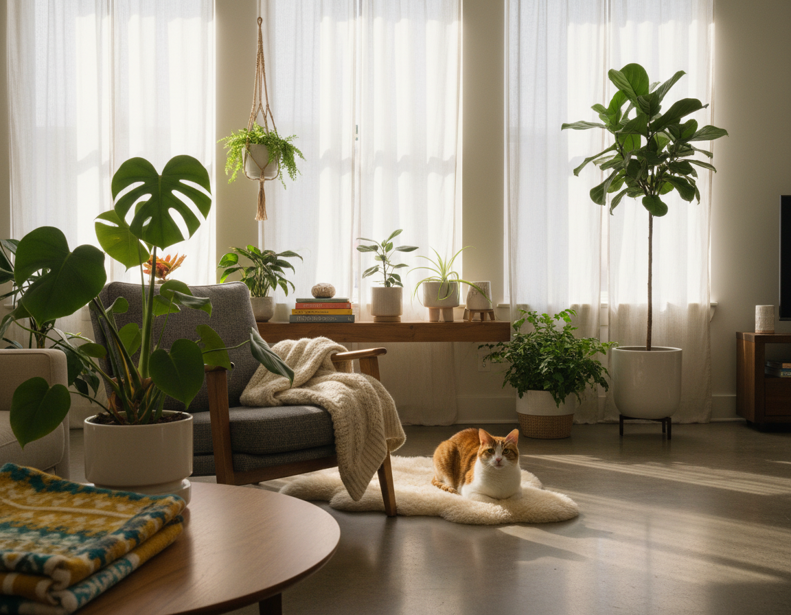 rastline-in-notranje-oblikovanje-z-macko rastline in notranje oblikovanje z mačko