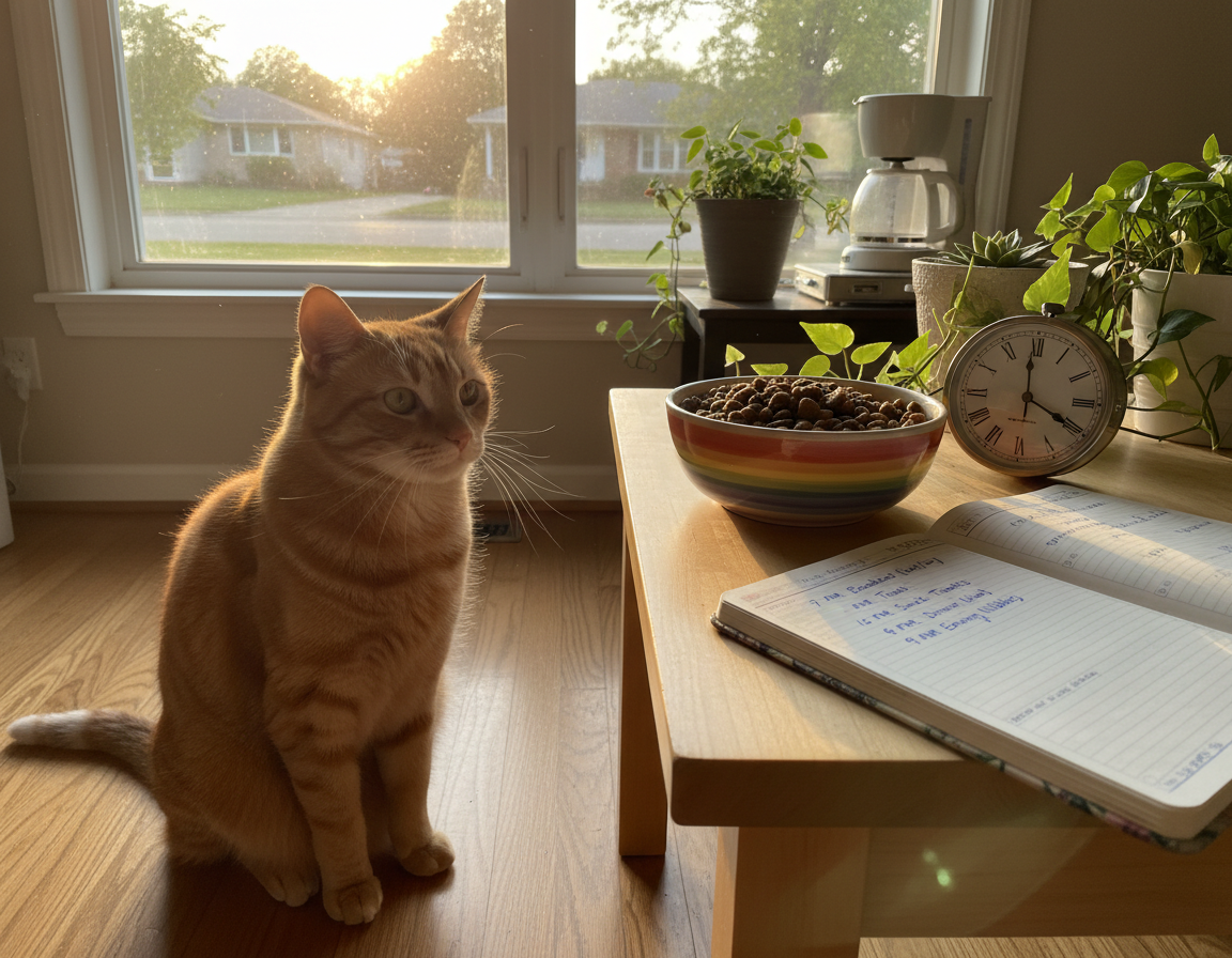 časovno načrtovanje jutranjega hranjenja mačke